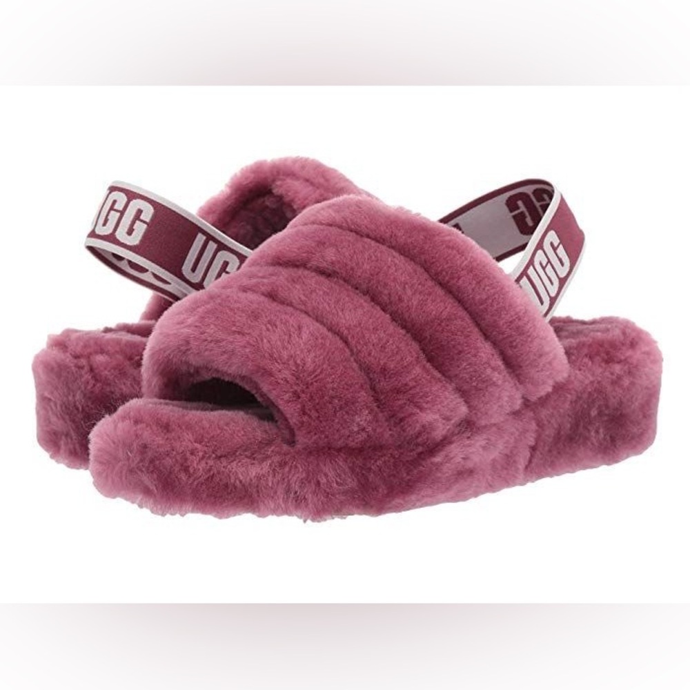 UGG AUS Mauve Fluff Yeah Slide Genuine Sheepskin Fur Slides Slippers Sandals